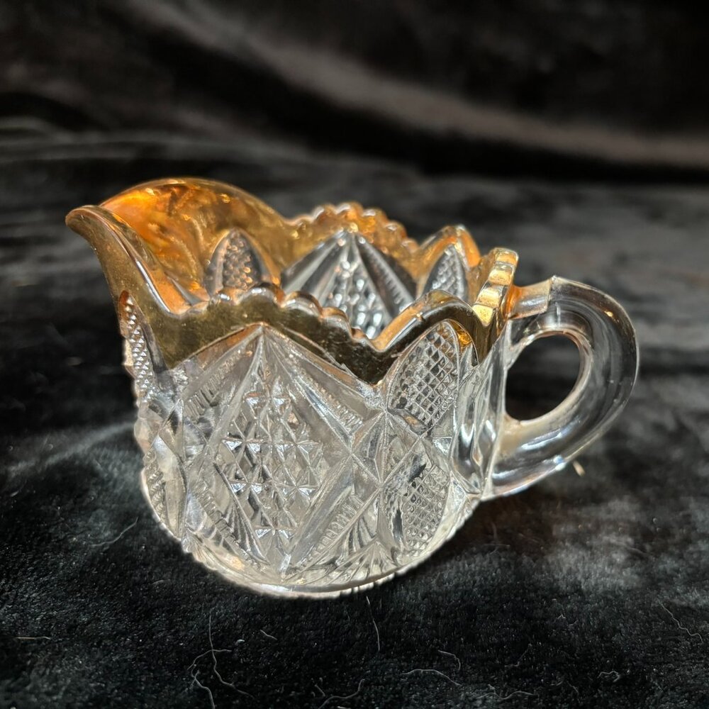 Antique 1930's Pressed Glass Milk Pitcher and Sugar Bowl-Gilt Rims